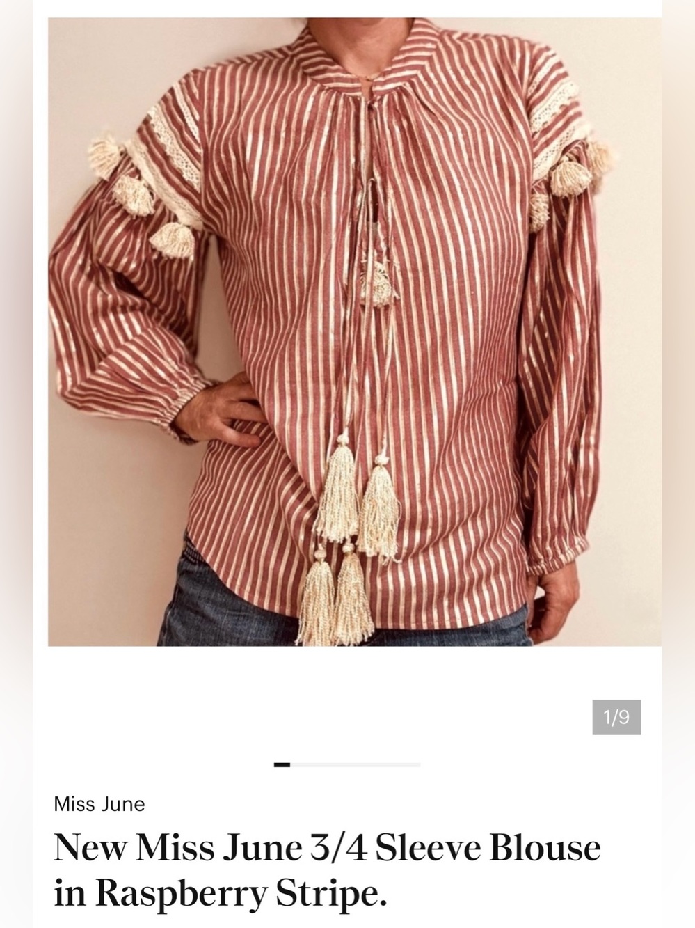 Miss June Raspberry & Cream Tassel Peasant Blouse
